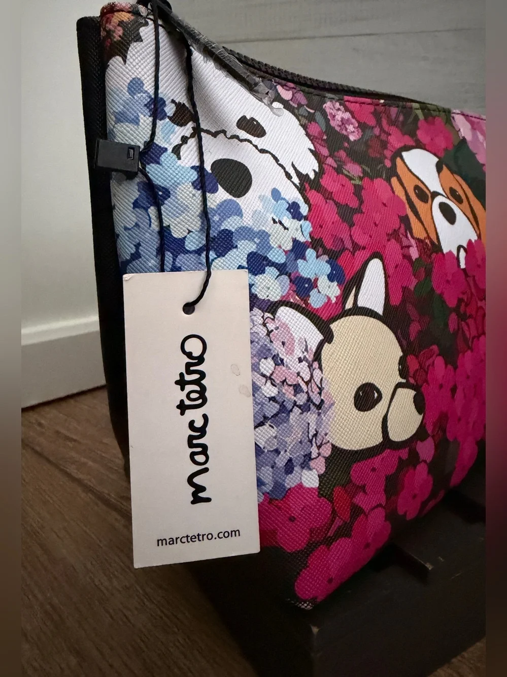 Marc Tetro Black & Floral Dogs Large Cosmetic Case Pouch - NWT